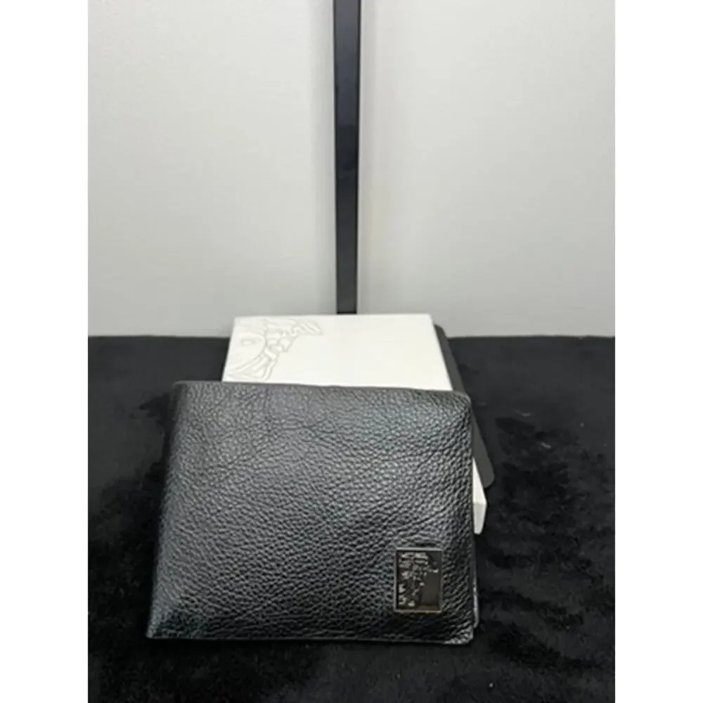 Versace Collection Black Pebbled Leather Bifold Wallet Medusa Auth Box